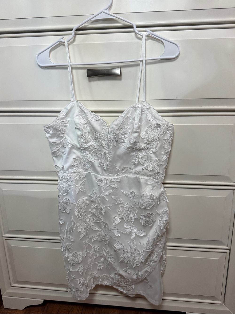 Lulu's White Floral Lace Mini Dress with Spaghetti Straps